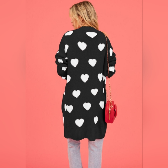 Contrasting Heart Knit Open Front Longline Pocket Sweater Cardigan Valentine - Picture 2 of 9